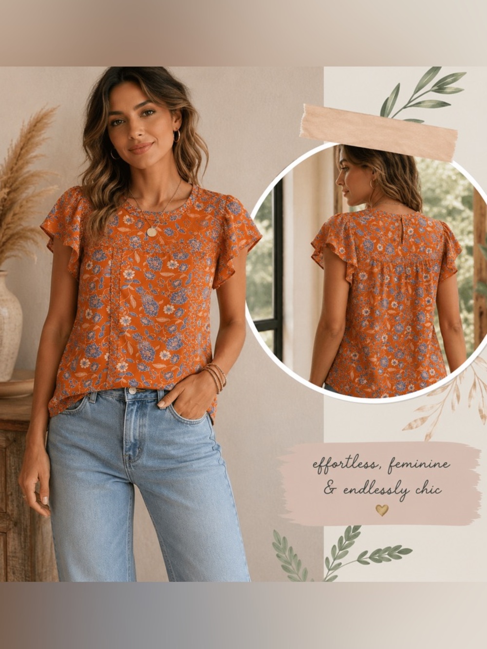DR2 Orange Floral Flutter Sleeve Top